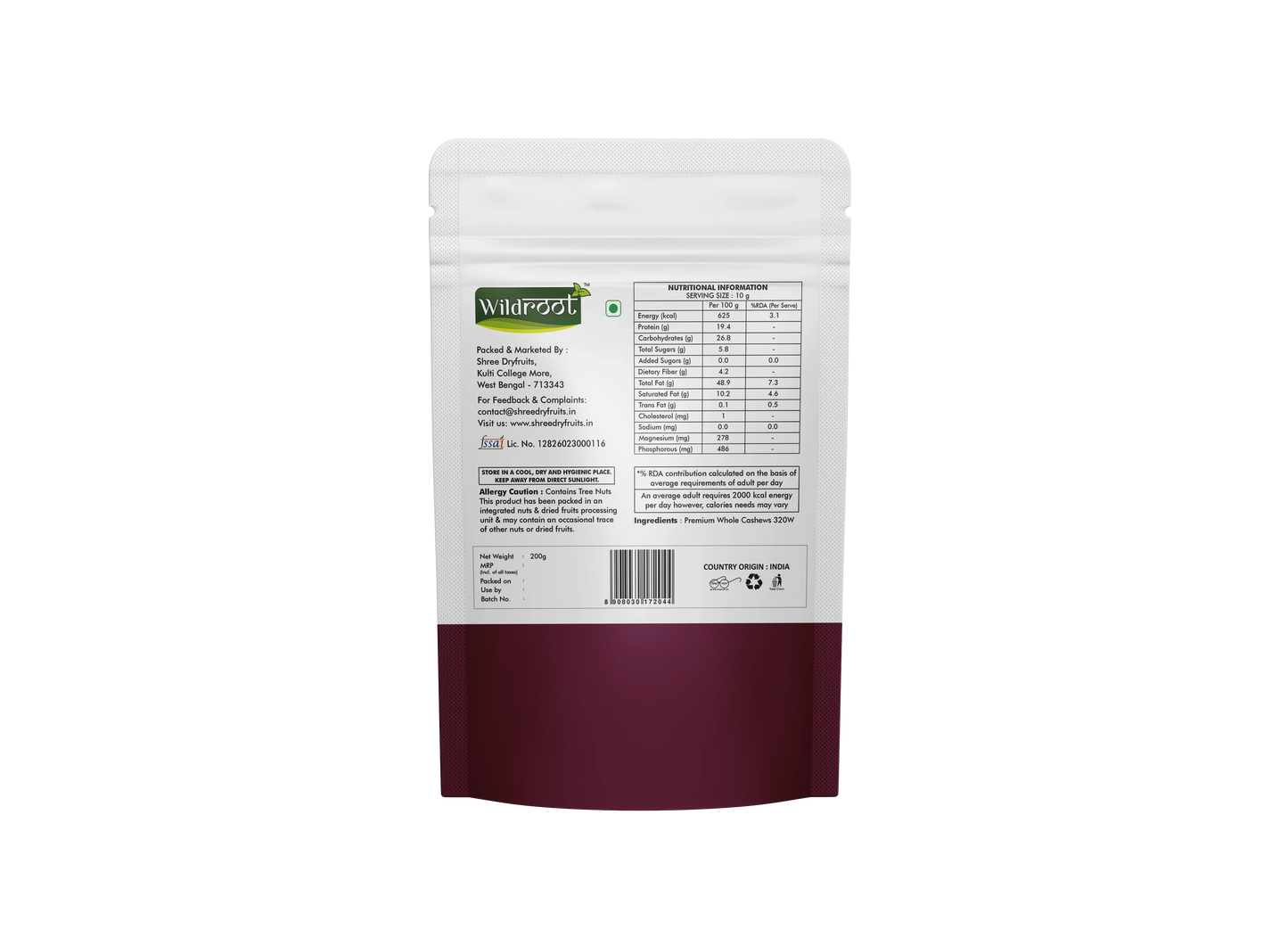 WildRoot Whole Cashew 320W 200g | DryFruits, Kaju, Healthy Snacks