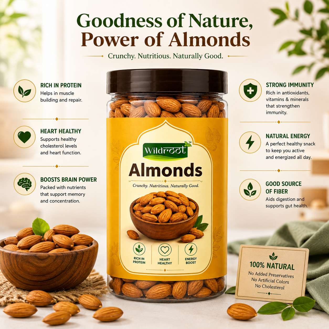 Wildroot American Whole Almonds 500g | Premium Badam | Rich in Protein