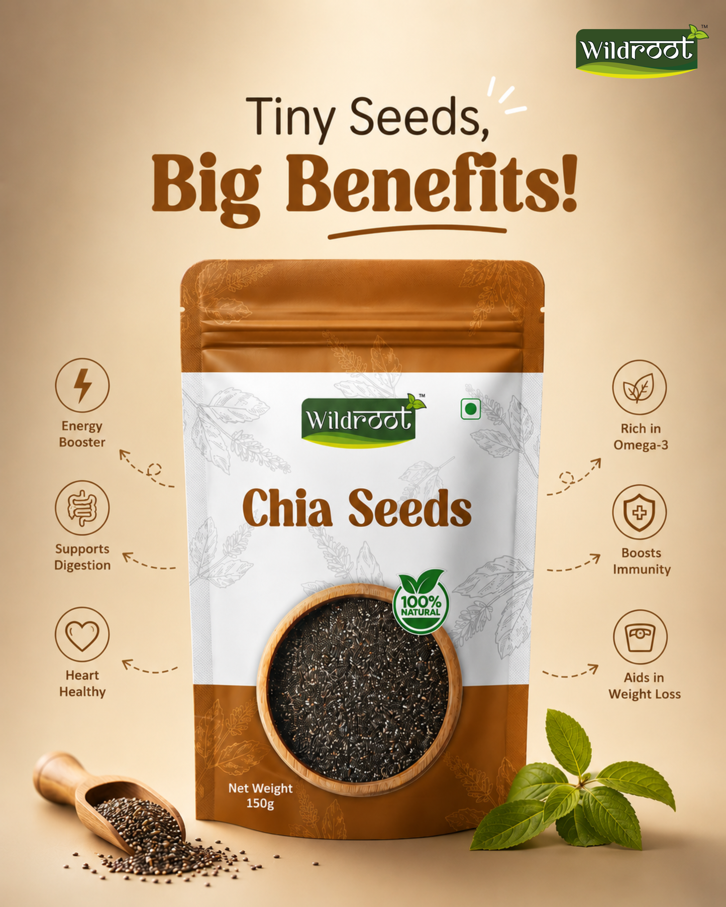 WildRoot Raw Chia Seeds 150g | Dirt & Stone Free | Freshly Packed