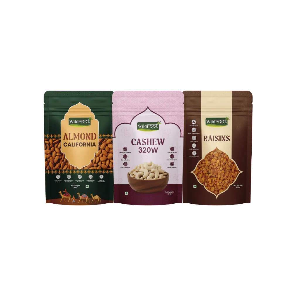 WildRoot Premium Dryfruits Combo Pack 600g (Cashew, Almonds, Raisins)